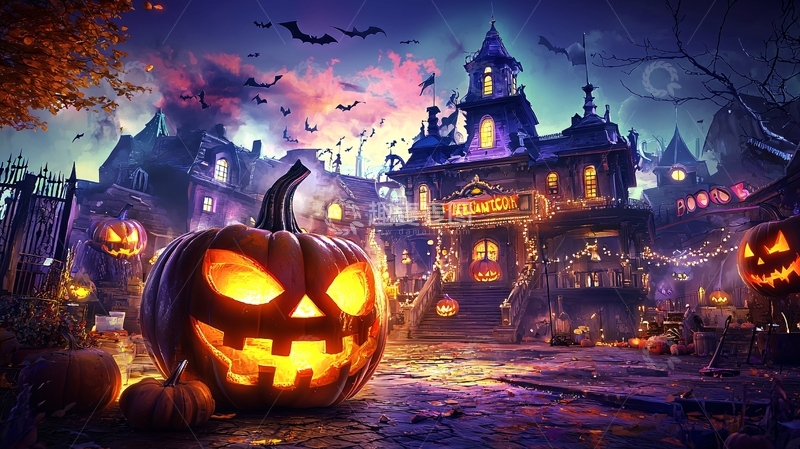 高清大图下载【趣麦麦图】万圣节南瓜与鬼屋夜景