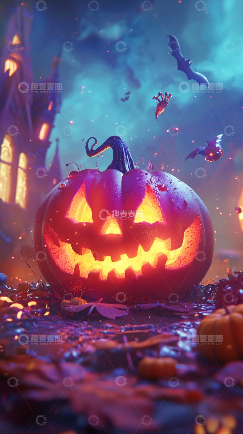高清大图下载【趣麦麦图】万圣节南瓜灯与蝙蝠