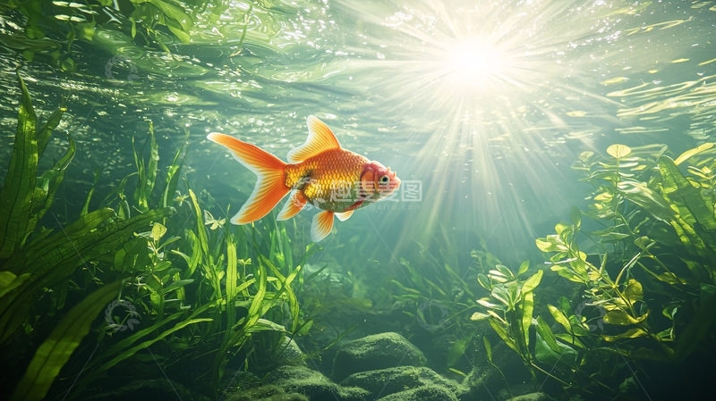 高清大图下载【趣麦麦图】阳光下的金鱼与水草
