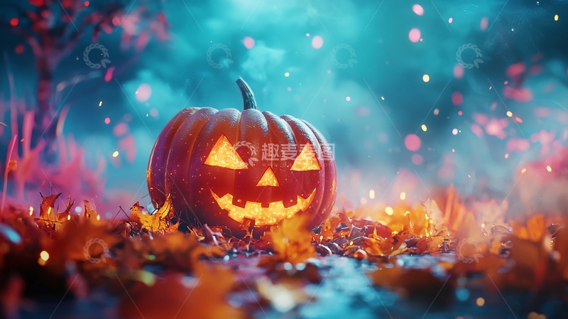 高清大图下载【趣麦麦图】万圣节南瓜灯与落叶