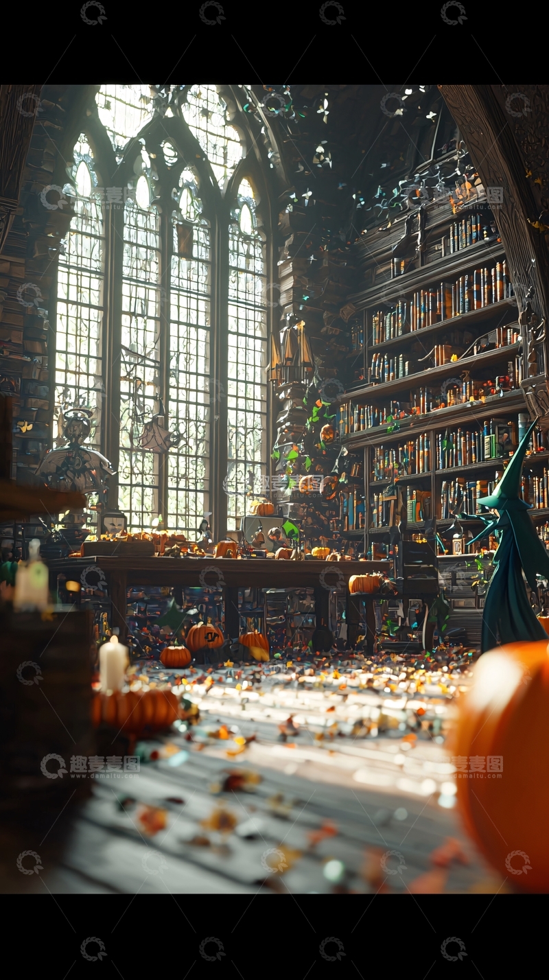 高清大图下载【趣麦麦图】万圣节图书馆装饰场景