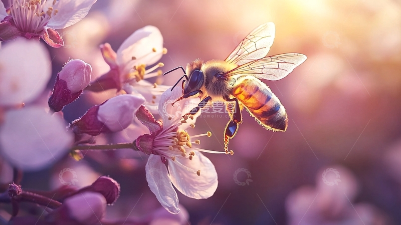高清大图下载【趣麦麦图】蜜蜂采蜜樱花背景自然风光