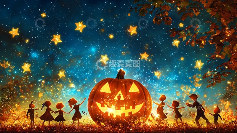 高清大图下载【趣麦麦图】万圣节夜晚南瓜灯与孩子们