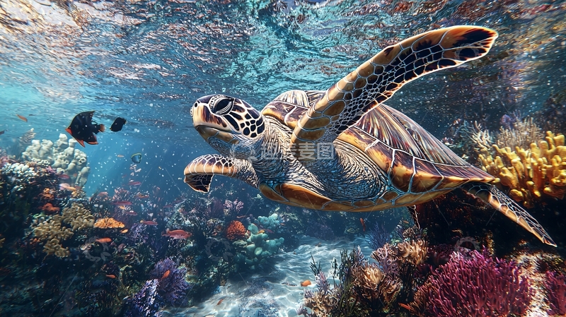 高清大图下载【趣麦麦图】海龟与珊瑚礁下的海洋世界