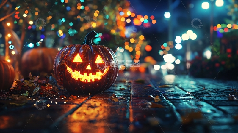 高清大图下载【趣麦麦图】万圣节夜晚南瓜灯街道