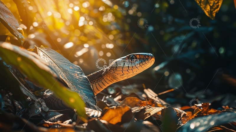高清大图下载【趣麦麦图】阳光下的蛇与落叶