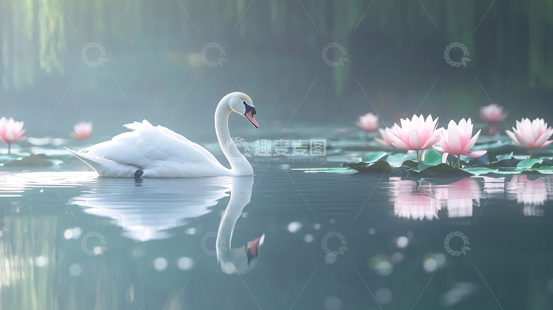 高清大图下载【趣麦麦图】湖畔白鹅与荷花