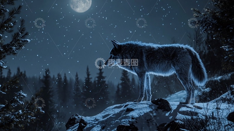 高清大图下载【趣麦麦图】雪夜中的狼与满月