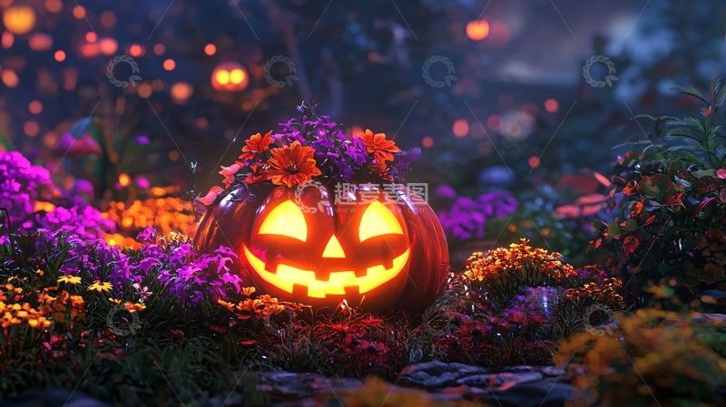 高清大图下载【趣麦麦图】万圣节南瓜灯与花卉装饰