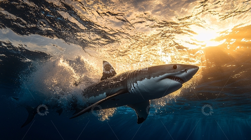 高清大图下载【趣麦麦图】逆光下的海洋大白鲨