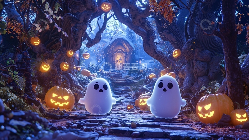 高清大图下载【趣麦麦图】万圣节幽灵南瓜灯森林场景