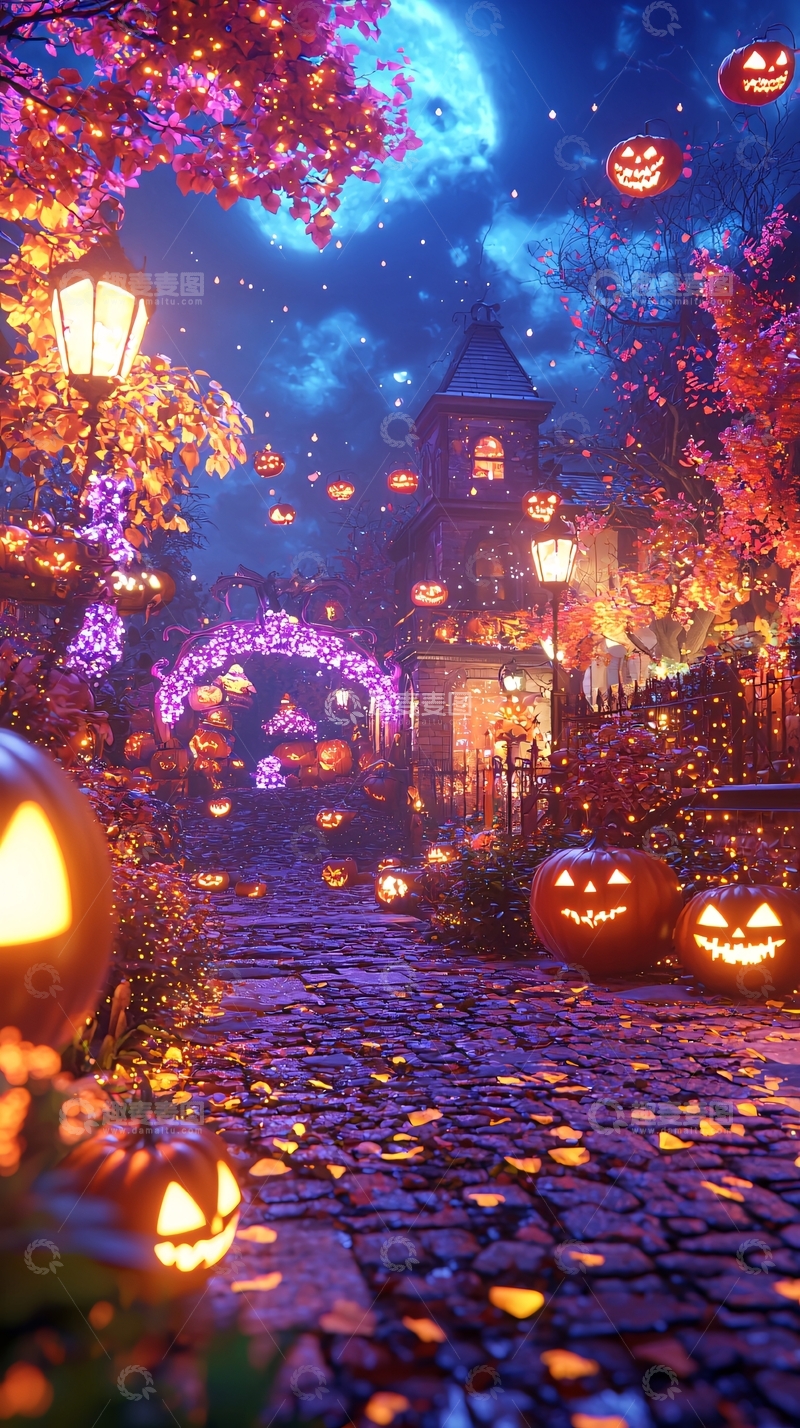 高清大图下载【趣麦麦图】万圣节南瓜灯装饰夜景