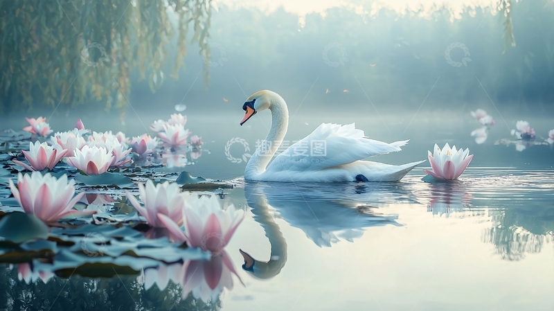 高清大图下载【趣麦麦图】湖畔白鹅与睡莲