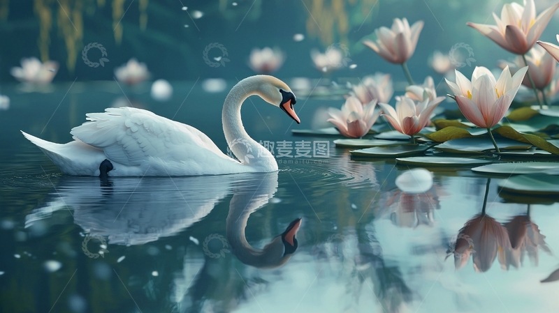 高清大图下载【趣麦麦图】宁静湖畔的白天鹅与睡莲
