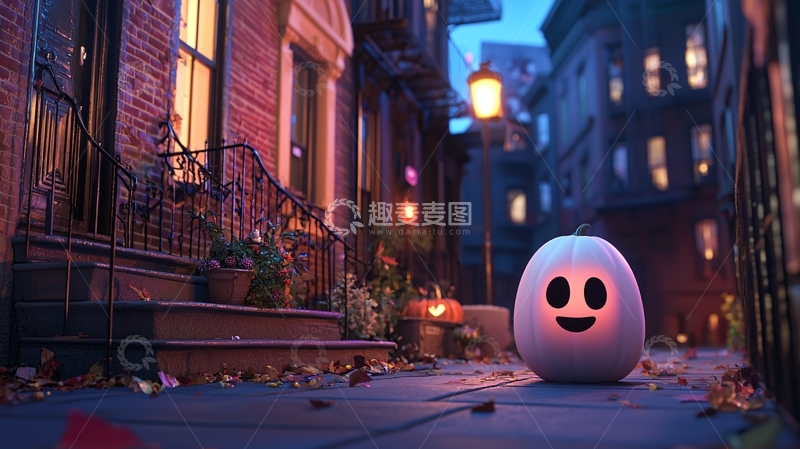 高清大图下载【趣麦麦图】万圣节南瓜灯下的街道夜景