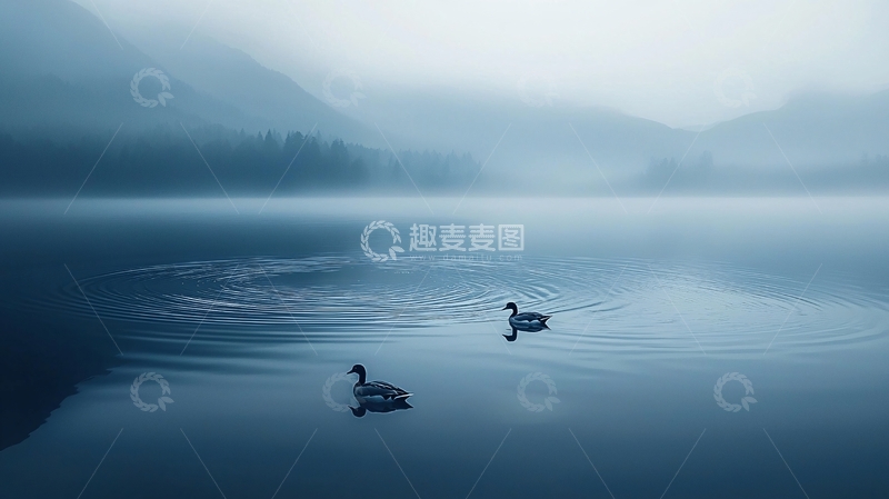 高清大图下载【趣麦麦图】晨雾中的湖面与鸭子