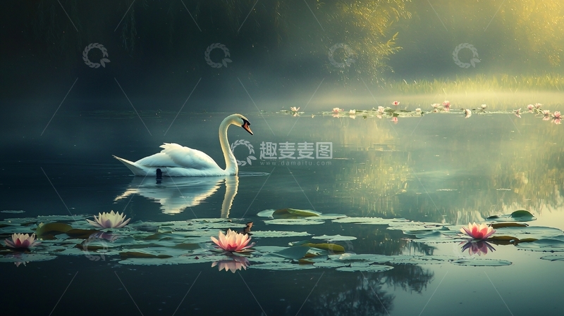 高清大图下载【趣麦麦图】湖畔天鹅与睡莲