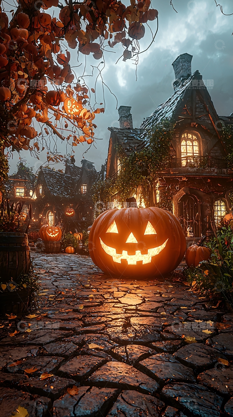 高清大图下载【趣麦麦图】万圣节南瓜小镇夜景