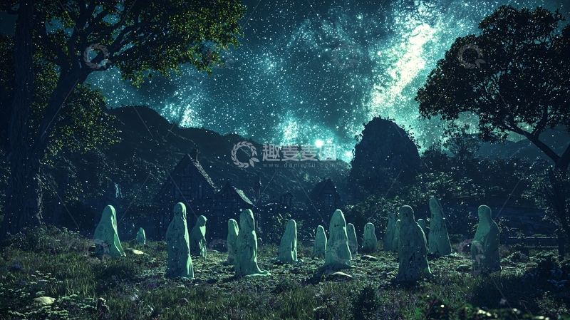 高清大图下载【趣麦麦图】夜晚村庄中的幽灵群像