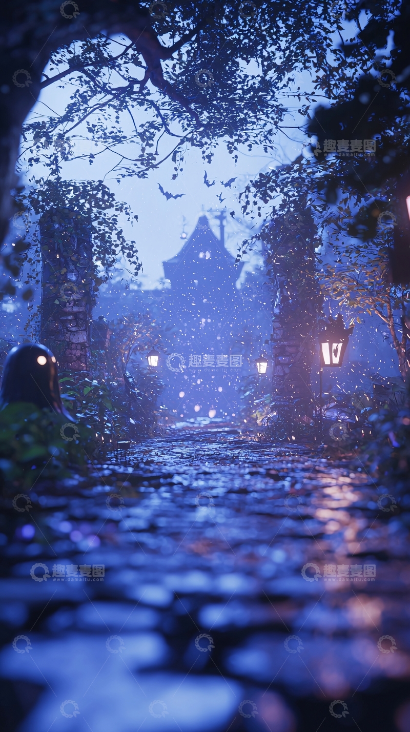 高清大图下载【趣麦麦图】夜晚雨中的石板路