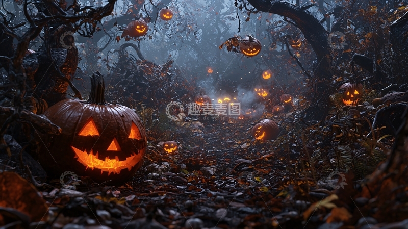 高清大图下载【趣麦麦图】万圣节森林中的南瓜灯