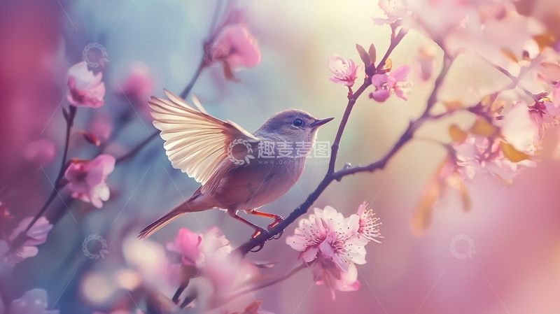 高清大图下载【趣麦麦图】春天樱花树上的小鸟