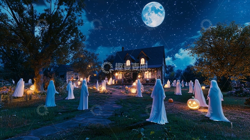 高清大图下载【趣麦麦图】万圣节夜晚鬼魂聚集的小屋