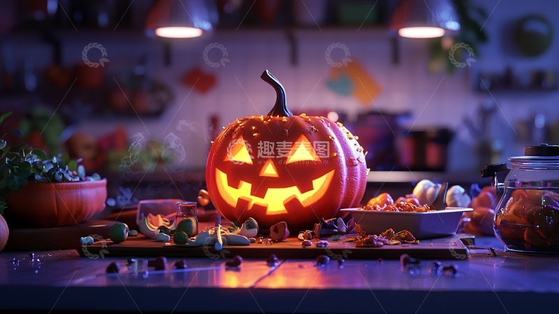 高清大图下载【趣麦麦图】万圣节南瓜灯与厨房场景