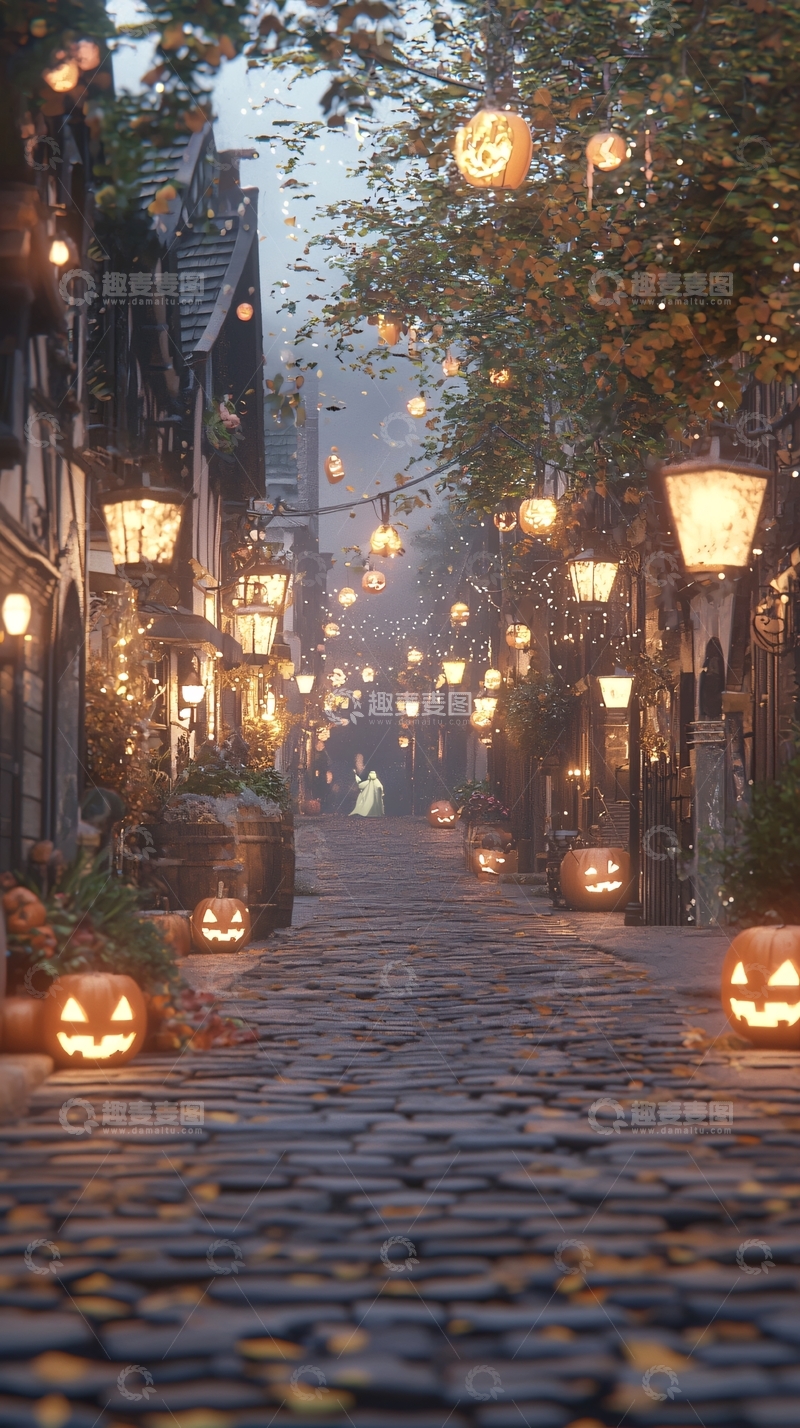 高清大图下载【趣麦麦图】万圣节夜晚的古老街道