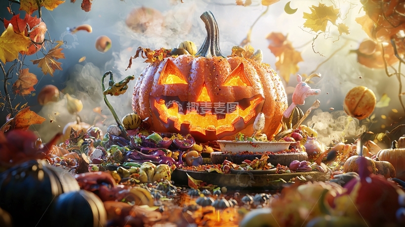 高清大图下载【趣麦麦图】万圣节南瓜灯与秋叶