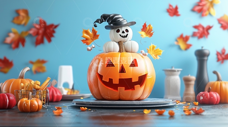 高清大图下载【趣麦麦图】万圣节南瓜灯与小鬼装饰