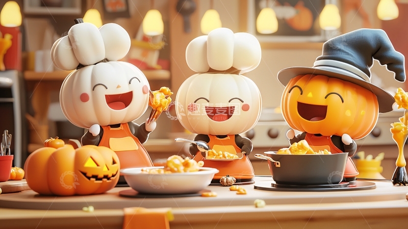 高清大图下载【趣麦麦图】万圣节南瓜角色吃面