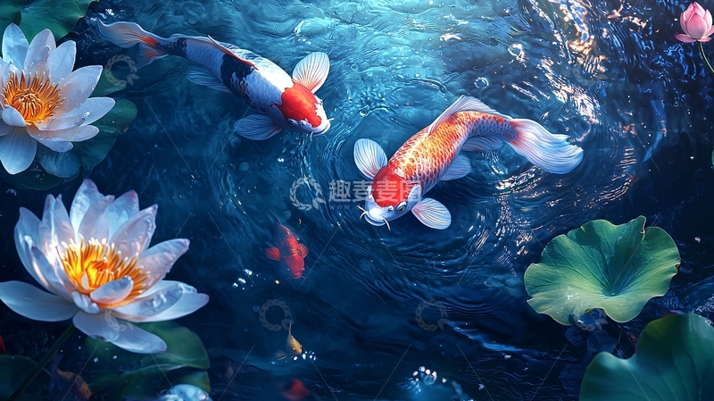 高清大图下载【趣麦麦图】锦鲤莲花池塘水景