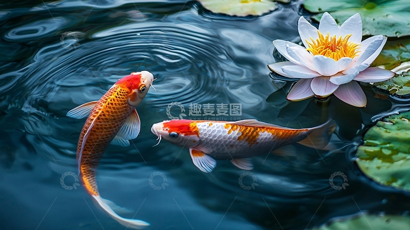 高清大图下载【趣麦麦图】锦鲤与睡莲的宁静水面