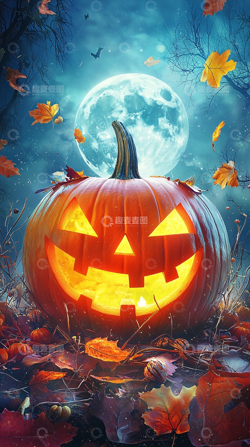 高清大图下载【趣麦麦图】万圣节南瓜与满月夜景