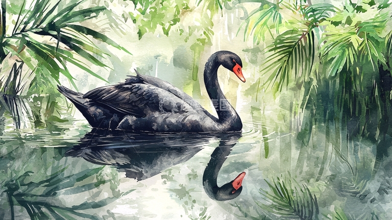 高清大图下载【趣麦麦图】黑天鹅在热带雨林中游泳