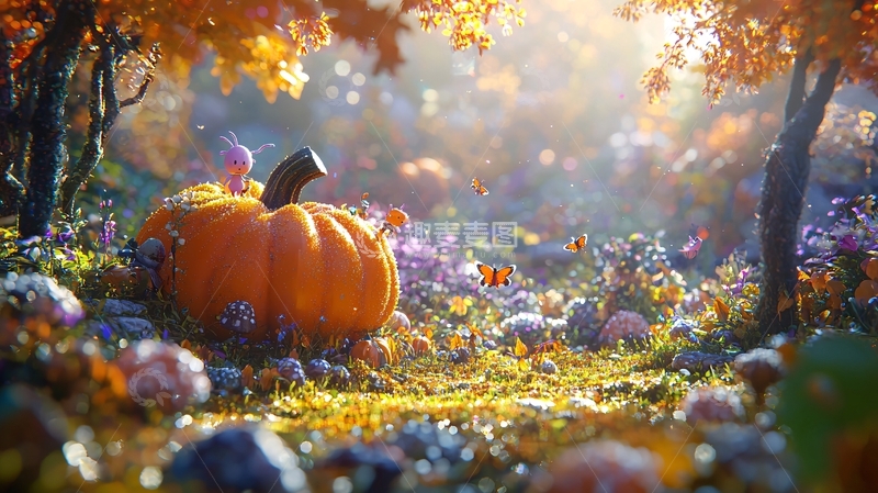 高清大图下载【趣麦麦图】秋日南瓜与蝴蝶的童话场景