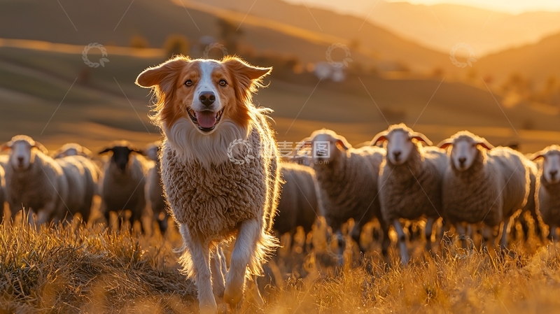 高清大图下载【趣麦麦图】夕阳下的牧羊犬与羊群