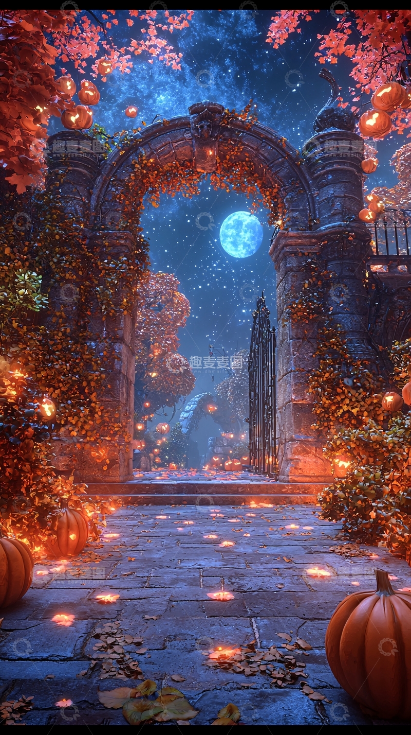 高清大图下载【趣麦麦图】秋夜南瓜灯古堡门
