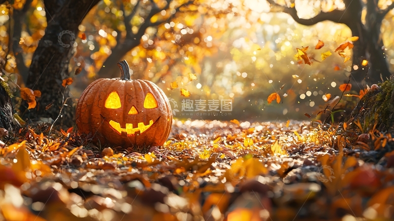高清大图下载【趣麦麦图】秋日南瓜灯与落叶