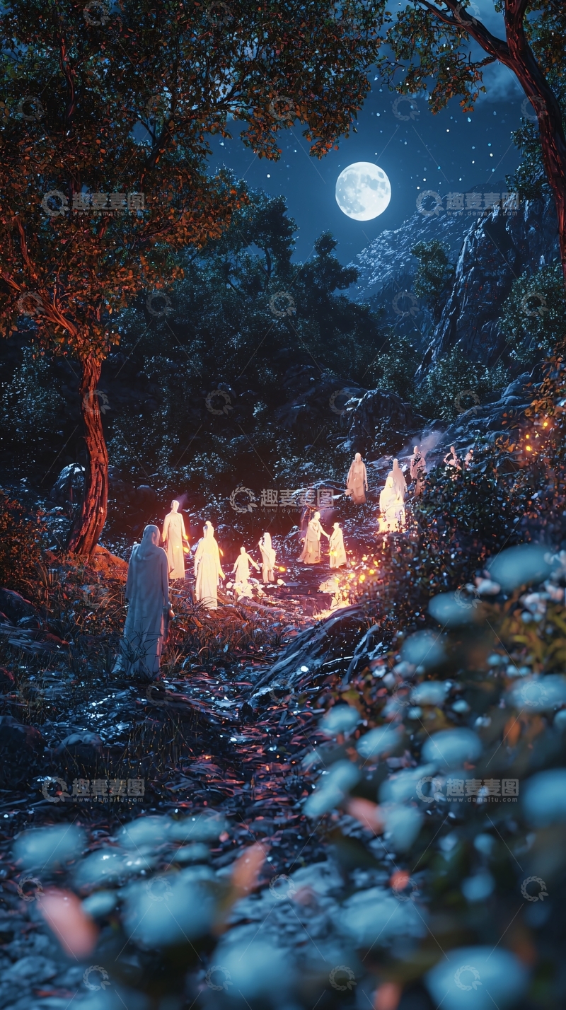 高清大图下载【趣麦麦图】月光下的神秘森林篝火