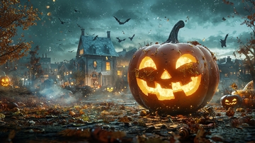万圣节南瓜与鬼屋夜景
