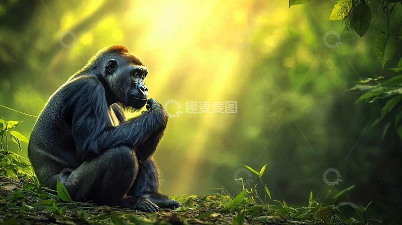 高清大图下载【趣麦麦图】森林中的沉思大猩猩