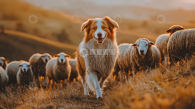 高清大图下载【趣麦麦图】牧羊犬与羊群的黄昏时光