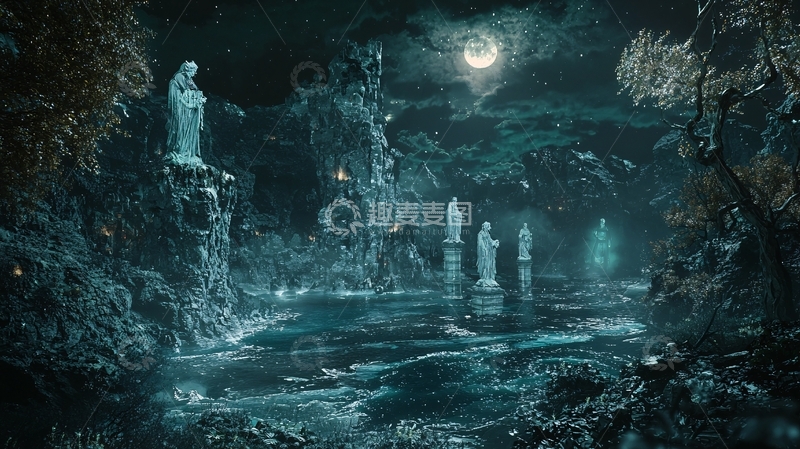 高清大图下载【趣麦麦图】月光下的神秘雕像群