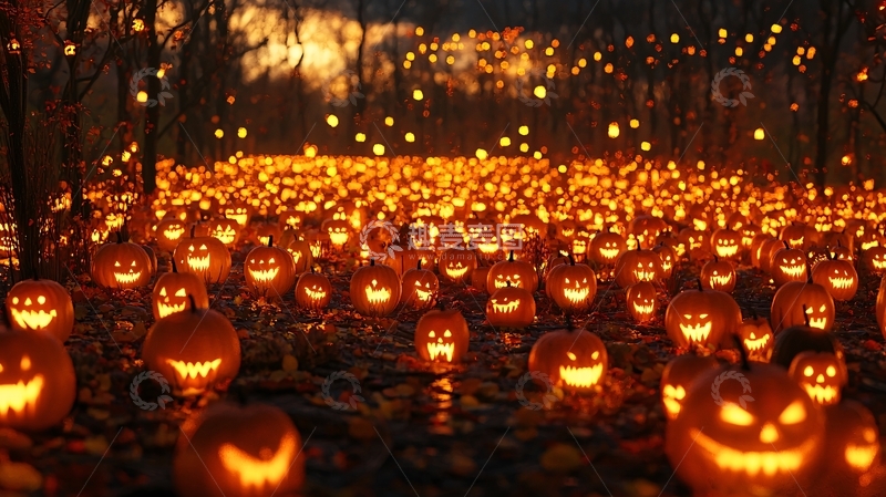 高清大图下载【趣麦麦图】万圣节南瓜灯森林夜景
