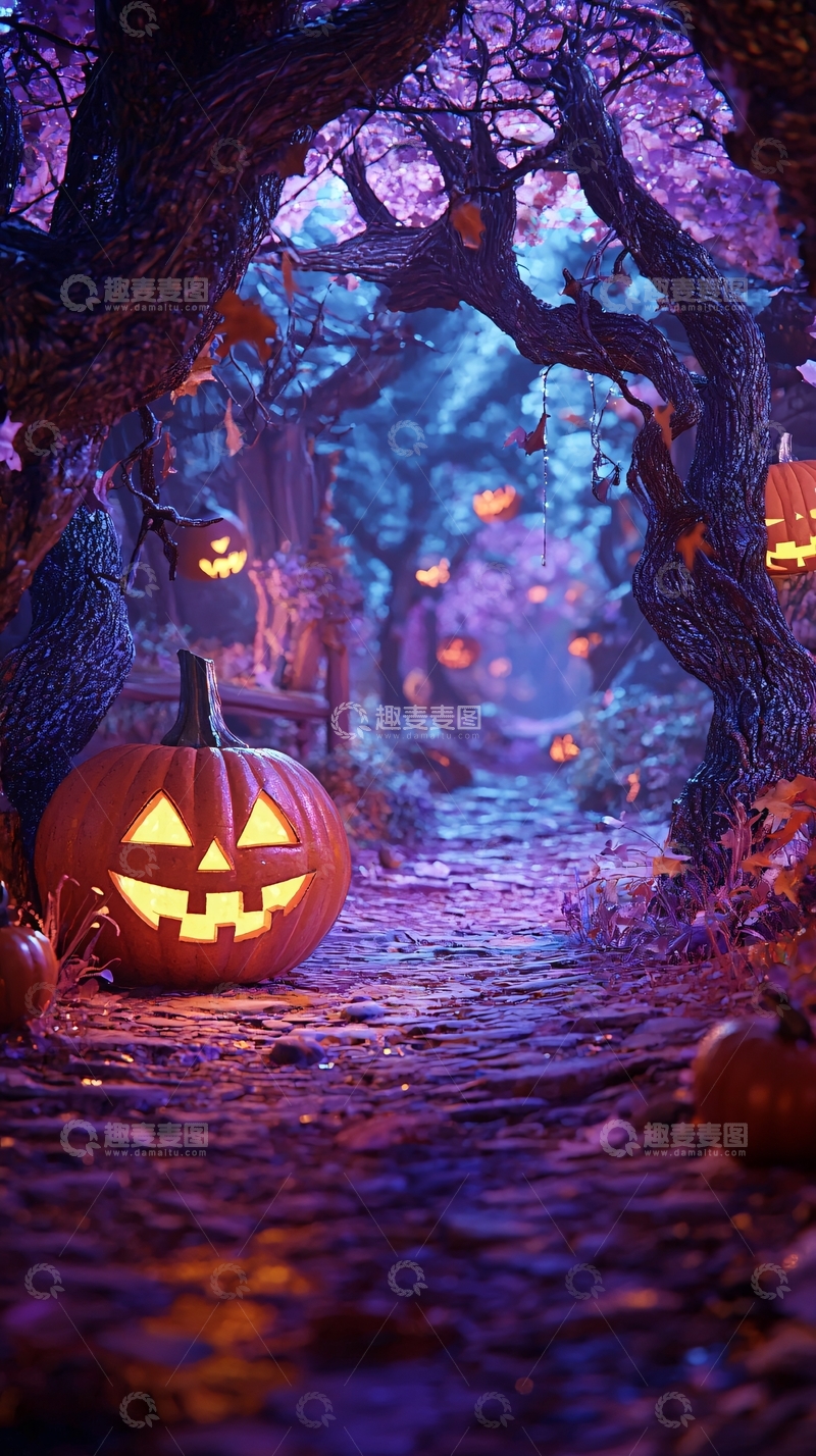 高清大图下载【趣麦麦图】万圣节南瓜灯森林小径