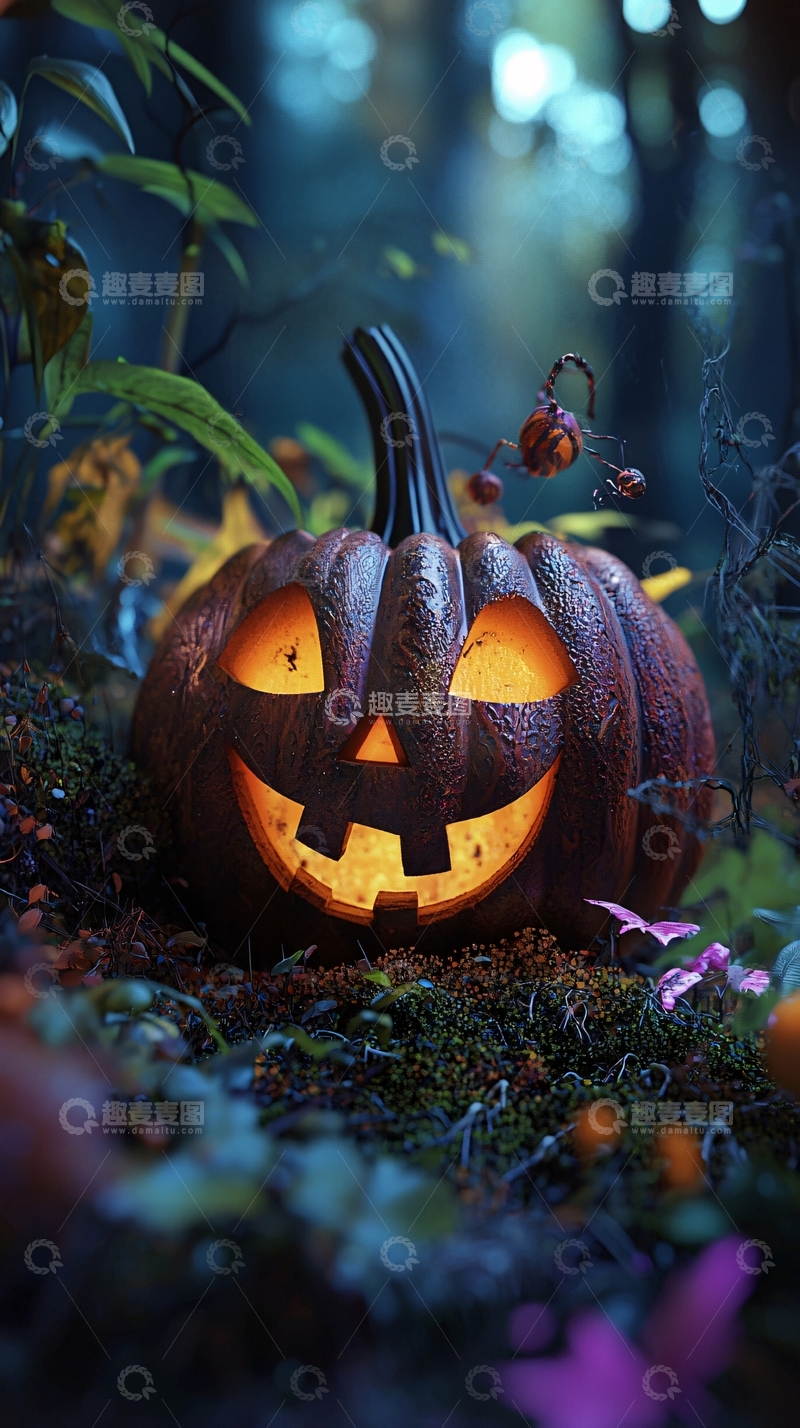 高清大图下载【趣麦麦图】万圣节森林中的南瓜灯
