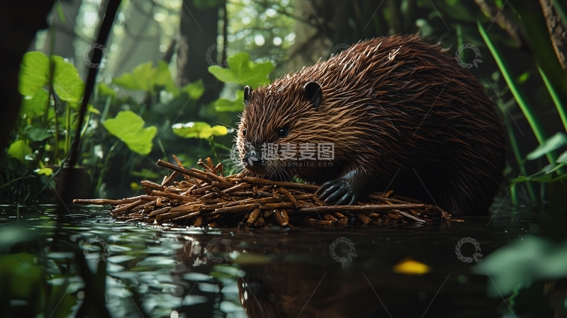 高清大图下载【趣麦麦图】森林中的水獭与树枝堆