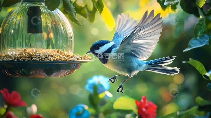 高清大图下载【趣麦麦图】蓝鸟在喂食器旁飞翔